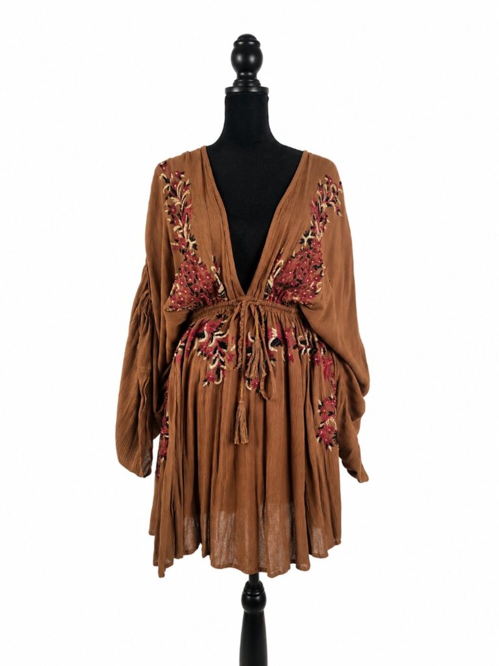 Free People Pretty Pineapple Dress, Boho Brown Embroidered Mini Dress S like new